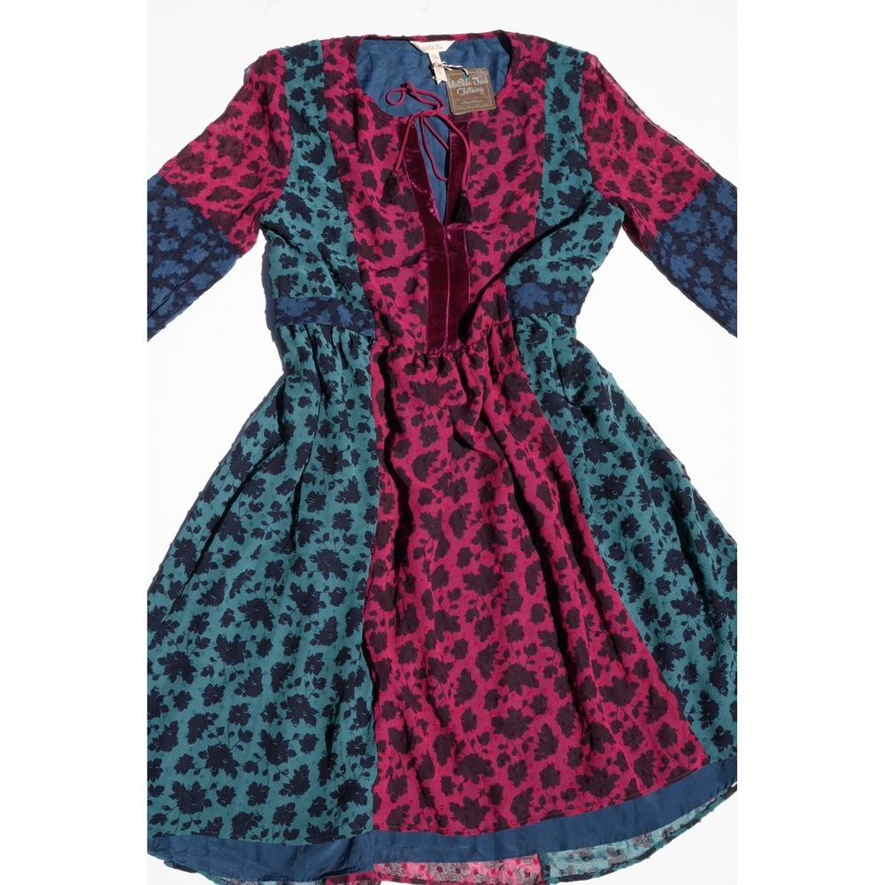 Matilda Jane Boho Lagenlook Patchwork Floral High Low Midi Dress Long Sleeve Tie